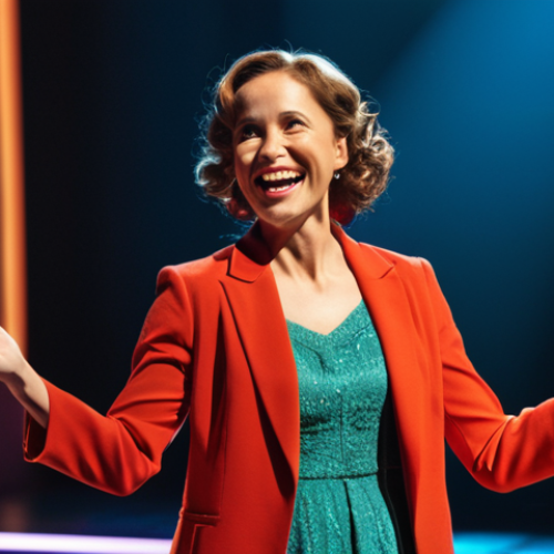 Home 4 **
Prompt: A vibrant, theatrical stage. A spotlight illuminates a woman with a confident smile, center stage. She's dressed in elegant, yet modern clothing, gesturing dramatically. The background is slightly blurred, suggesting a live performance in front of a captivated audience. Use warm, inviting colors and a dynamic composition. Focus on capturing the feeling of artistic rebirth and renewed passion.
**