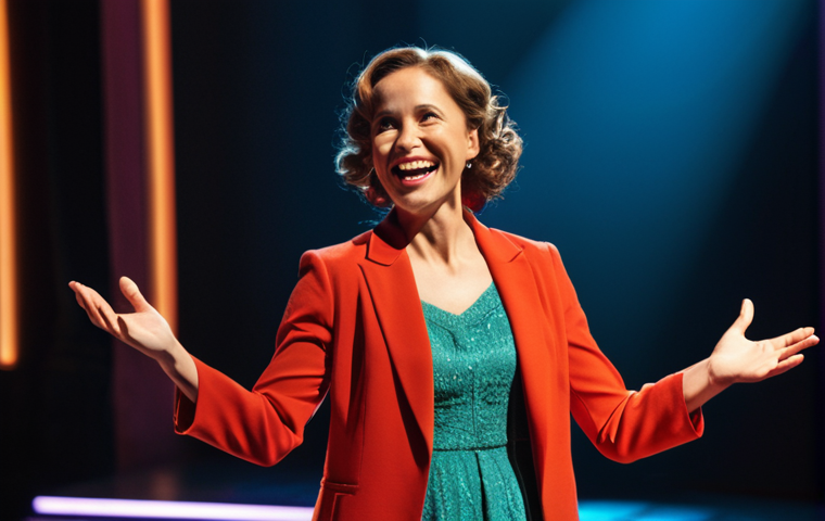 **
Prompt: A vibrant, theatrical stage. A spotlight illuminates a woman with a confident smile, center stage. She's dressed in elegant, yet modern clothing, gesturing dramatically. The background is slightly blurred, suggesting a live performance in front of a captivated audience. Use warm, inviting colors and a dynamic composition. Focus on capturing the feeling of artistic rebirth and renewed passion.
**