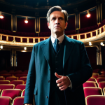 A professional male actor, fully clothed in modest, elegant period-appropriate stage attire, stands centered on a grand theatre stage. He is captured mid-gesture with a deeply expressive, thoughtful look, eyes fixed beyond the proscenium, conveying an intuitive connection with an unseen audience. The stage is artfully lit with a single, warm spotlight, casting soft shadows. In the blurred background, the ornate architecture of a historic European theatre and dimly visible rows of seats imply a full, engaged house. Cinematic lighting, professional photography, high detail, perfect anatomy, correct proportions, natural pose, well-formed hands, proper finger count, natural body proportions, safe for work, appropriate content, fully clothed, professional.