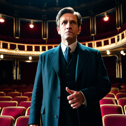 A professional male actor, fully clothed in modest, elegant period-appropriate stage attire, stands centered on a grand theatre stage. He is captured mid-gesture with a deeply expressive, thoughtful look, eyes fixed beyond the proscenium, conveying an intuitive connection with an unseen audience. The stage is artfully lit with a single, warm spotlight, casting soft shadows. In the blurred background, the ornate architecture of a historic European theatre and dimly visible rows of seats imply a full, engaged house. Cinematic lighting, professional photography, high detail, perfect anatomy, correct proportions, natural pose, well-formed hands, proper finger count, natural body proportions, safe for work, appropriate content, fully clothed, professional.