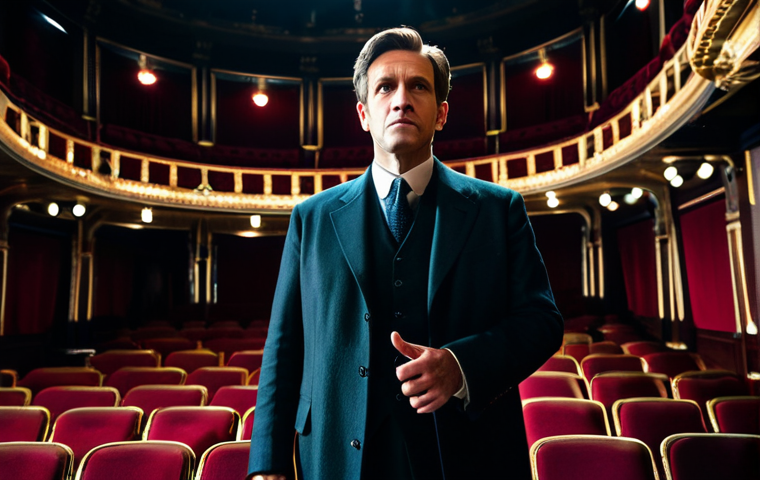 A professional male actor, fully clothed in modest, elegant period-appropriate stage attire, stands centered on a grand theatre stage. He is captured mid-gesture with a deeply expressive, thoughtful look, eyes fixed beyond the proscenium, conveying an intuitive connection with an unseen audience. The stage is artfully lit with a single, warm spotlight, casting soft shadows. In the blurred background, the ornate architecture of a historic European theatre and dimly visible rows of seats imply a full, engaged house. Cinematic lighting, professional photography, high detail, perfect anatomy, correct proportions, natural pose, well-formed hands, proper finger count, natural body proportions, safe for work, appropriate content, fully clothed, professional.