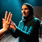 Immersive Theater Interaction**

"A fully clothed actress in modest attire, engaging with audience members during an immersive theater performance. The scene takes place in a dimly lit, atmospheric setting with unique props and set design.  Emphasis on natural interaction and believable expressions.  Safe for work, appropriate content, professional setting, perfect anatomy, correct proportions, well-formed hands, proper finger count, natural body proportions."

**