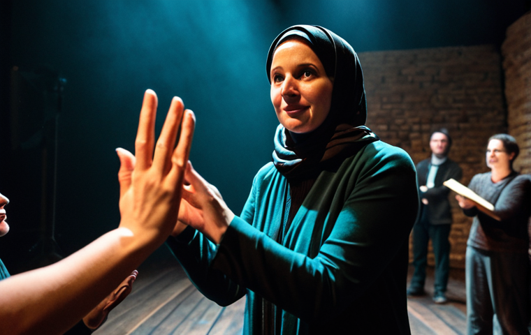 Immersive Theater Interaction**

"A fully clothed actress in modest attire, engaging with audience members during an immersive theater performance. The scene takes place in a dimly lit, atmospheric setting with unique props and set design.  Emphasis on natural interaction and believable expressions.  Safe for work, appropriate content, professional setting, perfect anatomy, correct proportions, well-formed hands, proper finger count, natural body proportions."

**