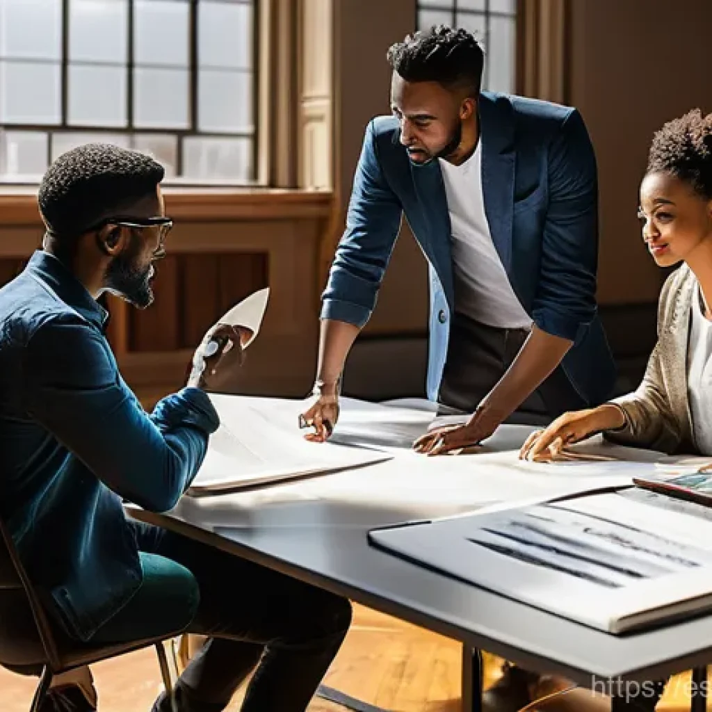 연극배우로서 공동 작업 경험 - **Creative Brainstorm Session:** A vibrant, indoor scene depicting a diverse group of five theater p...