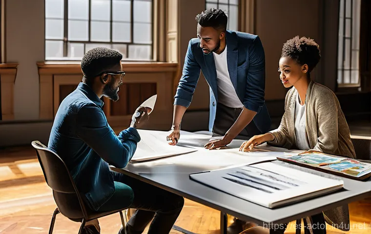 연극배우로서 공동 작업 경험 - **Creative Brainstorm Session:** A vibrant, indoor scene depicting a diverse group of five theater p...