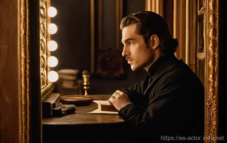 연극배우 현장 이야기 - **Prompt:** A dedicated male actor in his late 20s, with a focused and contemplative expression, sit...