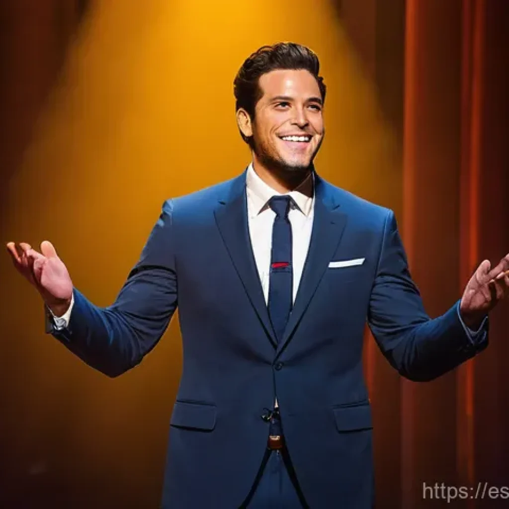 연극배우로 성공하는 법 - **"A confident male actor in his early 30s, with a charismatic smile, stands poised on a brightly li...