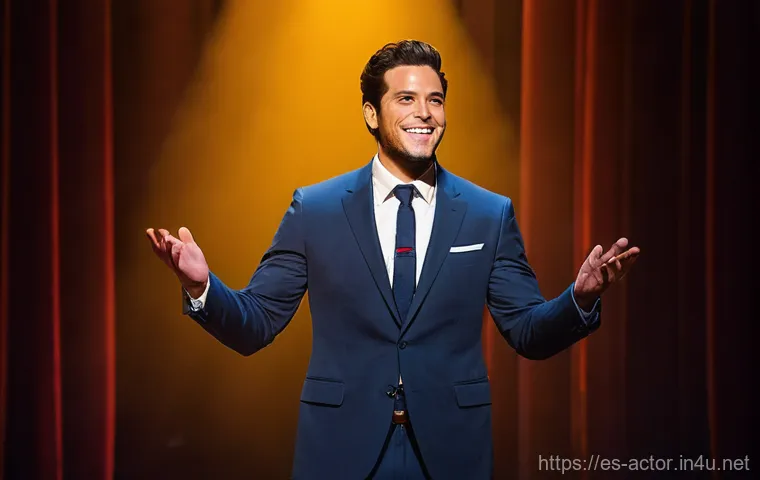 연극배우로 성공하는 법 - **"A confident male actor in his early 30s, with a charismatic smile, stands poised on a brightly li...