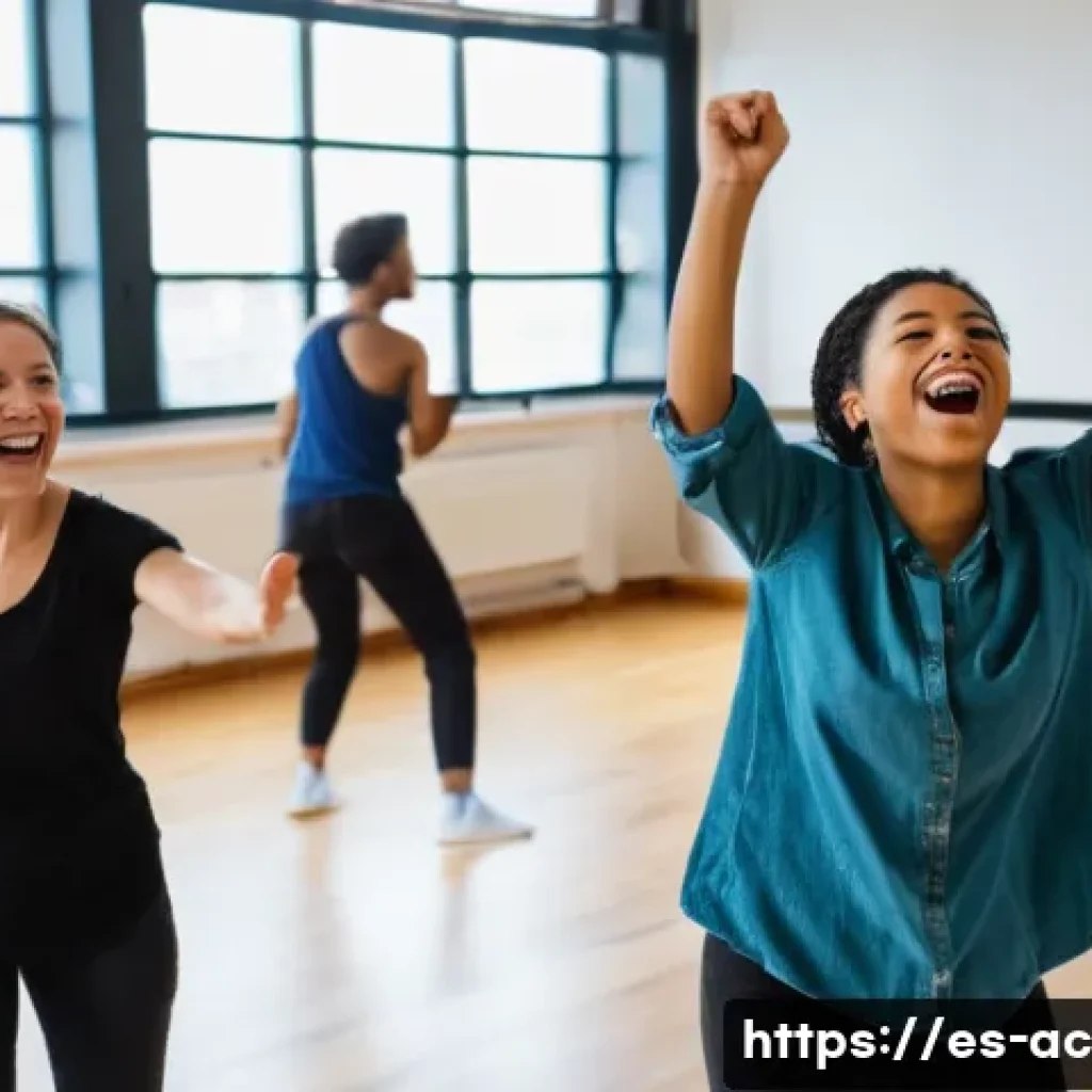 연극배우 워크숍 참여 후기 - A diverse group of adults engaged in an energetic theatrical improvisation workshop in a bright, spa...