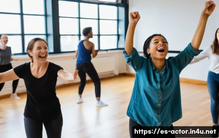 연극배우 워크숍 참여 후기 - A diverse group of adults engaged in an energetic theatrical improvisation workshop in a bright, spa...