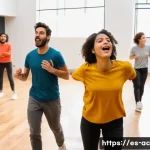 연극배우의 연기적 한계 극복법 - A diverse group of Spanish-speaking actors practicing improvisation exercises in a modern theater re...