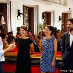 연극배우와 관객 피드백 수집 - A warm and inviting theater lobby scene in Madrid, Spain, with diverse audience members warmly greet...