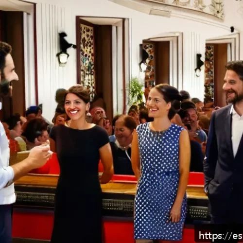 연극배우와 관객 피드백 수집 - A warm and inviting theater lobby scene in Madrid, Spain, with diverse audience members warmly greet...