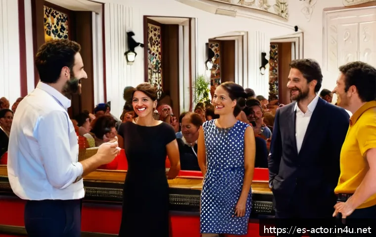 연극배우와 관객 피드백 수집 - A warm and inviting theater lobby scene in Madrid, Spain, with diverse audience members warmly greet...