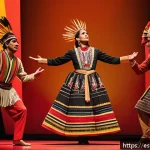 연극배우의 예술적 교류 사례 - A vibrant theatrical scene showcasing a diverse group of actors on stage blending cultural tradition...