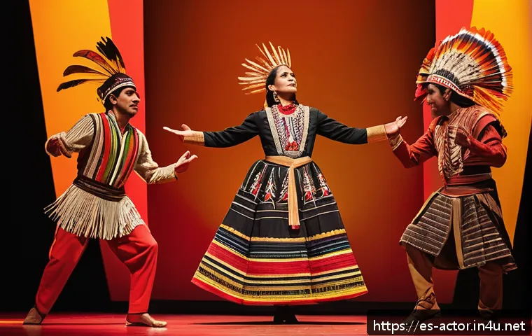 연극배우의 예술적 교류 사례 - A vibrant theatrical scene showcasing a diverse group of actors on stage blending cultural tradition...