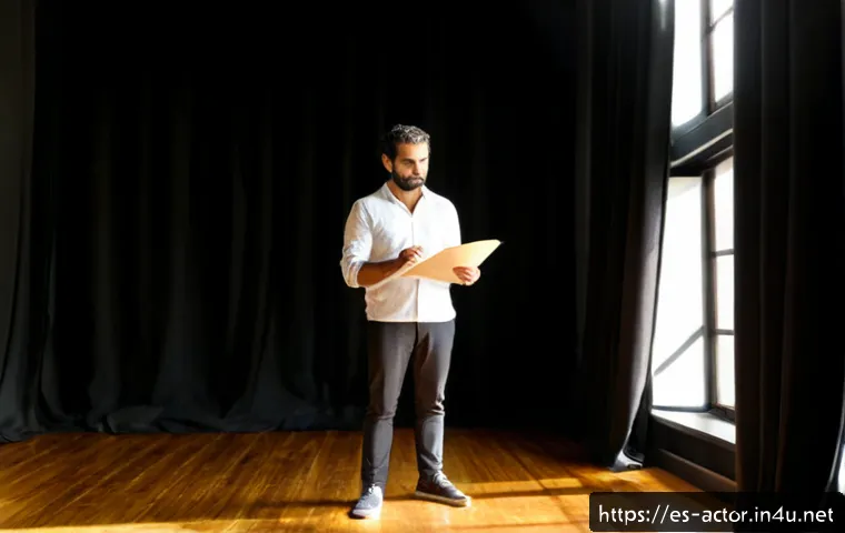 Home 17 연극배우로서 자신감 키우는 법 - Photorealistic Spanish theater actor in a simple rehearsal studio, standing confidently before a ful...
